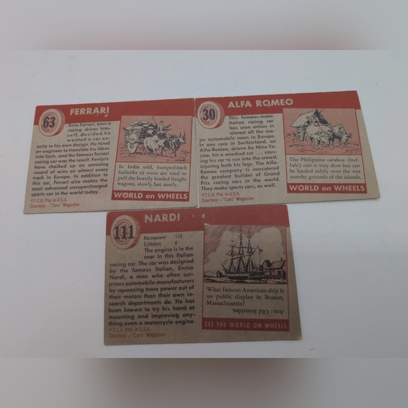 1954 Topps Car Card Set 3 Italian Race Cars Ferrari, Alfa Romeo, Nardi - Picture 2 of 8